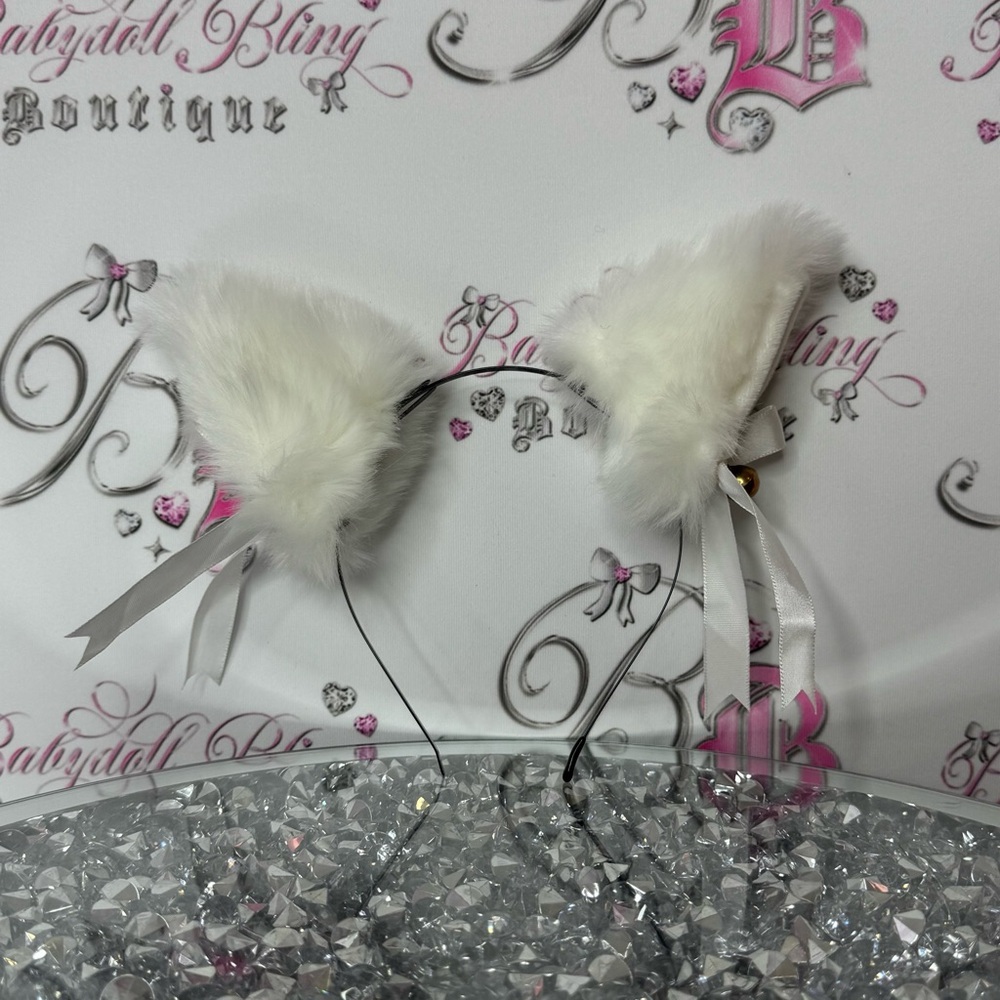 Furry Cat Ear Headband bells moveable ears furry fur white